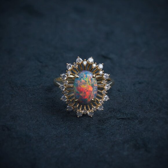 Certificated 2.26ct Play of Color Black Opal Diamond Halo Engagement Ring 18K Go - Picture 3 of 9